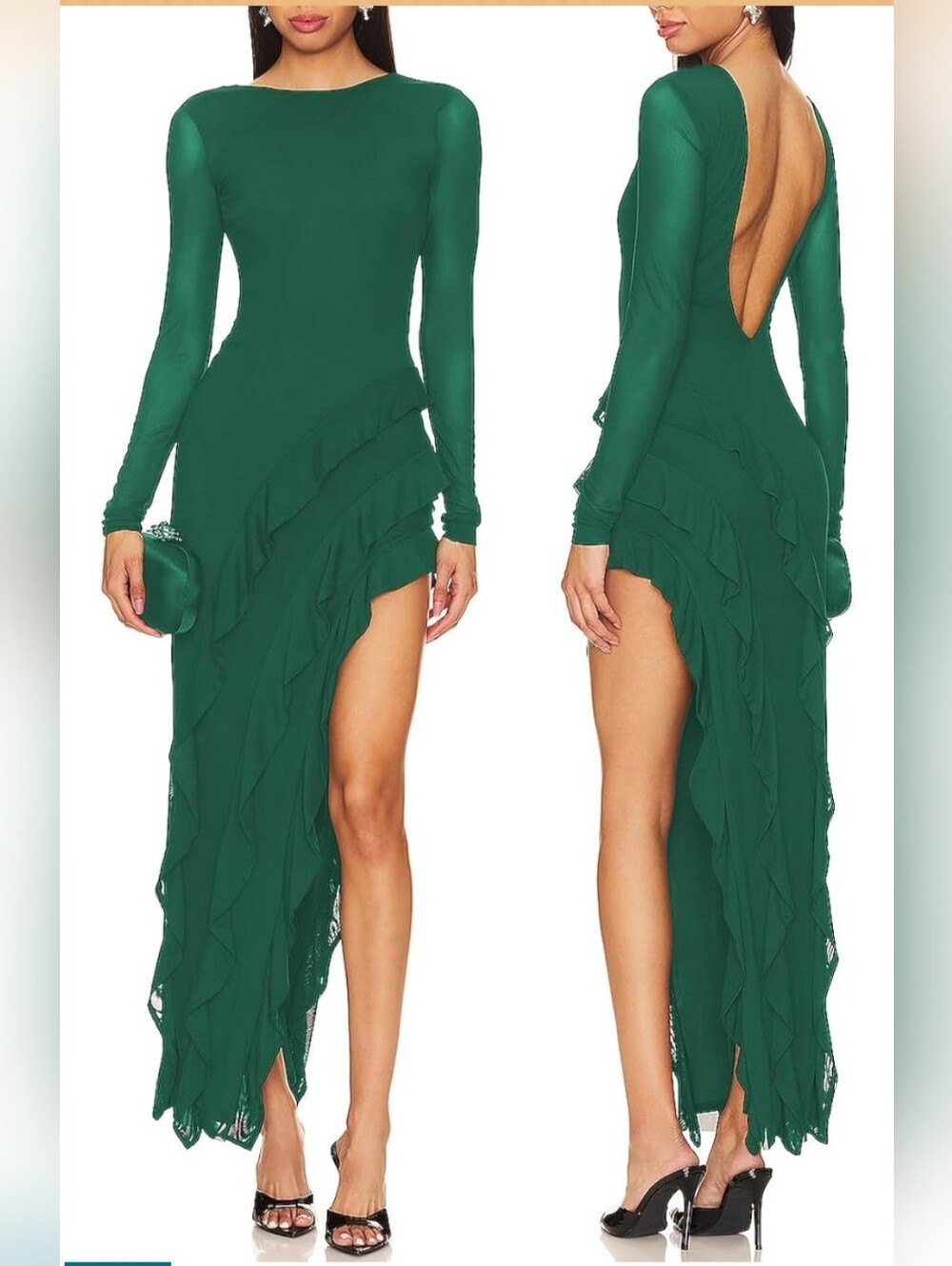 NWT Capuffy Emerald Green Backless Ruffle Maxi Dress Size M Formal Evening Gown‎